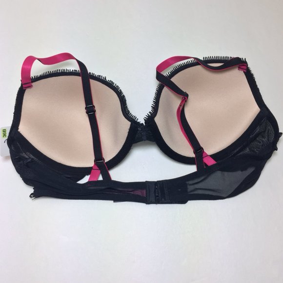 NWT! 3 PC SET  Bra, Thong & Garter Black Rose Lace w Pink Satin - Picture 5 of 14